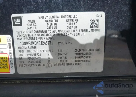 2015 Chevrolet Traverse Ltz from USA, damaged, VIN 1GNKRJKD4FJ245771